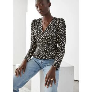NEW & Other Stories Black White Long Puff Sleeve Button Peplum Wrap Blouse Top 4